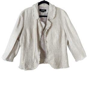 Peck & Peck Women’s Beige 100% Linen Metallic Fringe Open Front Jacket Size 12